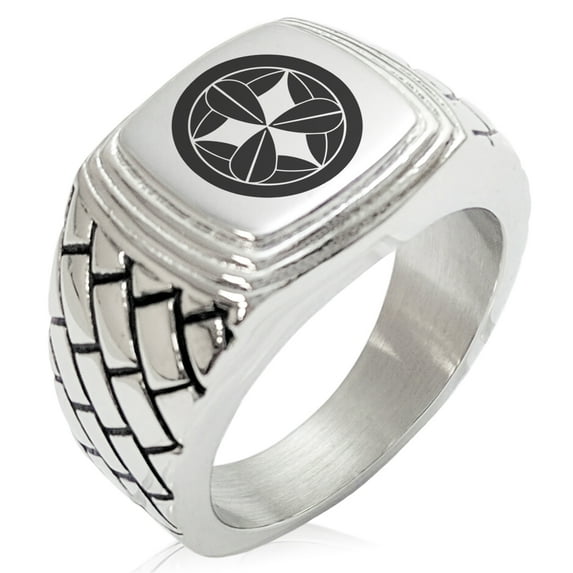 Stainless Steel Takenaka Samurai Crest Geometric Pattern Step-Down Biker Style Polished Ring