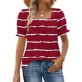 thumbnail image 2 of Wyobmus Summer Tops for Women Casual Ruffle Trim Sleeve Tops Loose Fit Striped Print Short Sleeve Square Neck T Shirts D-Burgundy, 2 of 7