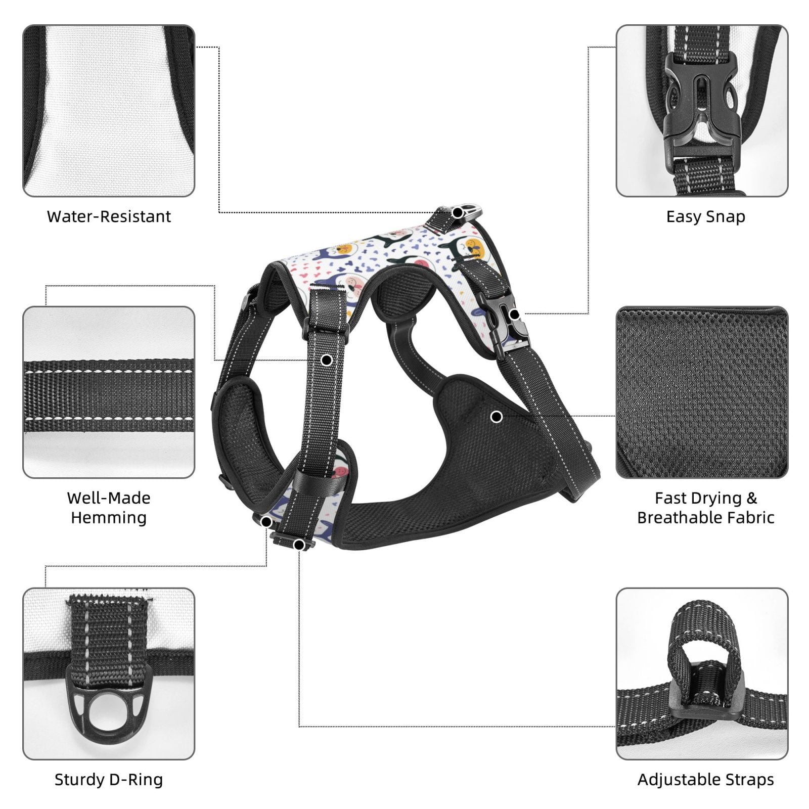 Kdxio Cute Dog Print No Pull Dog Harness Adjustable Reflective Oxford Easy Control Medium Large Dog Harness for Training and Everyday-Large