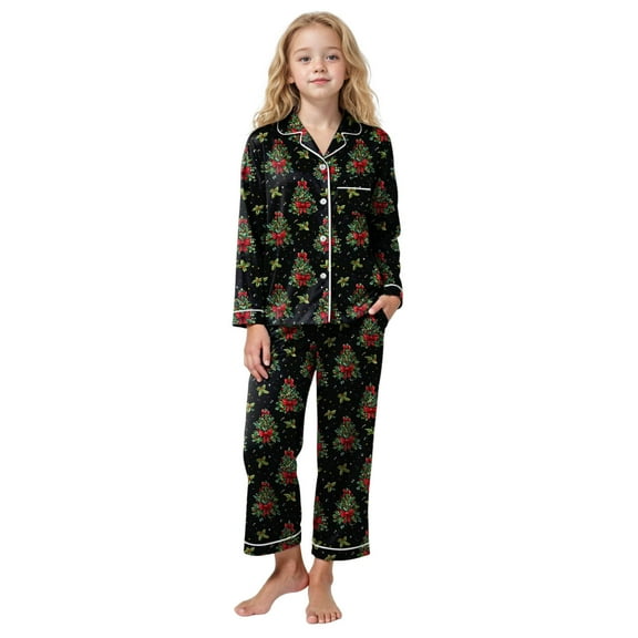 Gubotare Christmas Gifts for Kids Girls Pajama Set Pack of 2 | Kids Pink & Grey Graphic Long Sleeve Top & Long Leg Bottoms Size 7-8 (Black,7-8 Years)