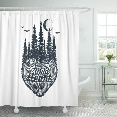 PKNMT Wanderlust Inspirational Badge with Forest and Wild Heart Lettering Tattoo Hipster Waterproof Bathroom Shower Curtains Set 66x72