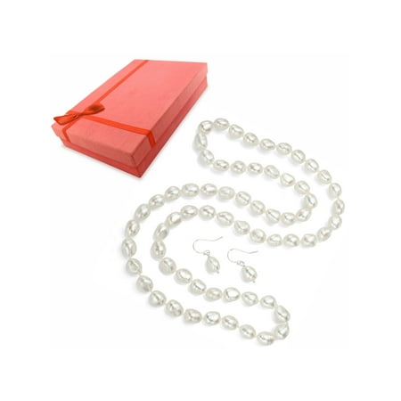 Mother's Day Gift 7-8mm White Cultured Freshwater Nugget-Shape Pearl Endless Necklace and Drop Earrings with Sterling Silver Leverback, Available in Various Lengths