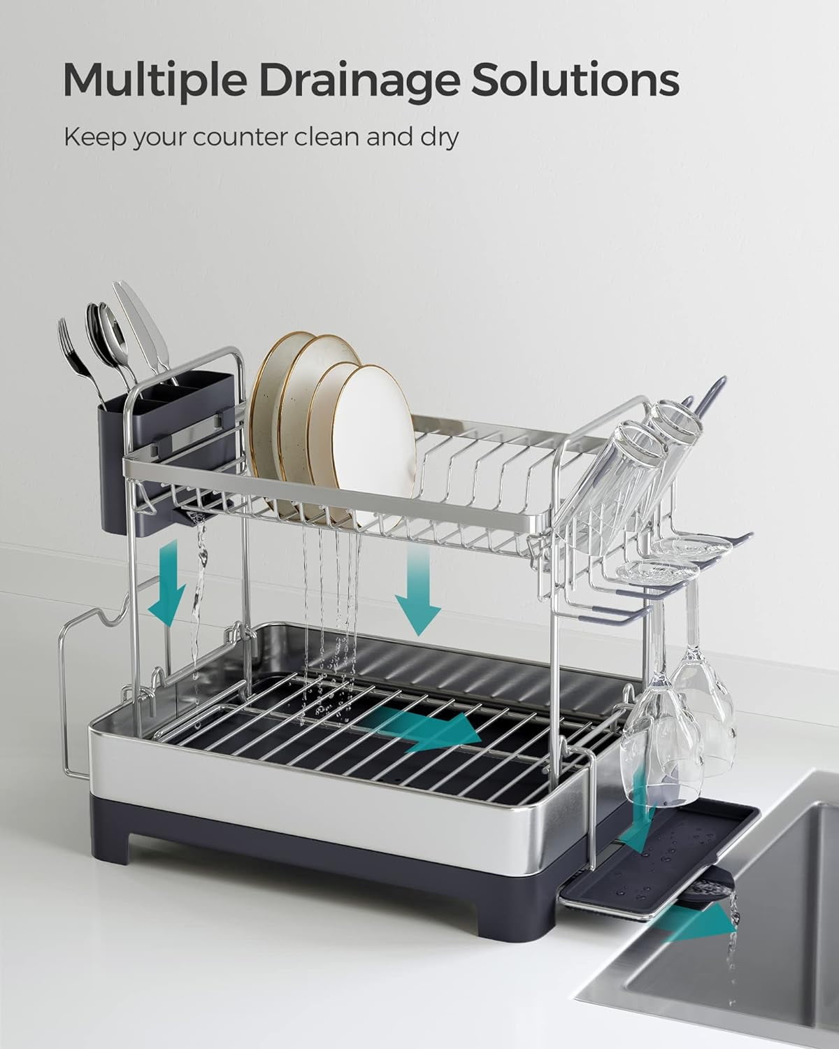 2 Tier Dish Drying Rack, for Kitchen Counter with Rotatable Drain Spout, Silve and Gray