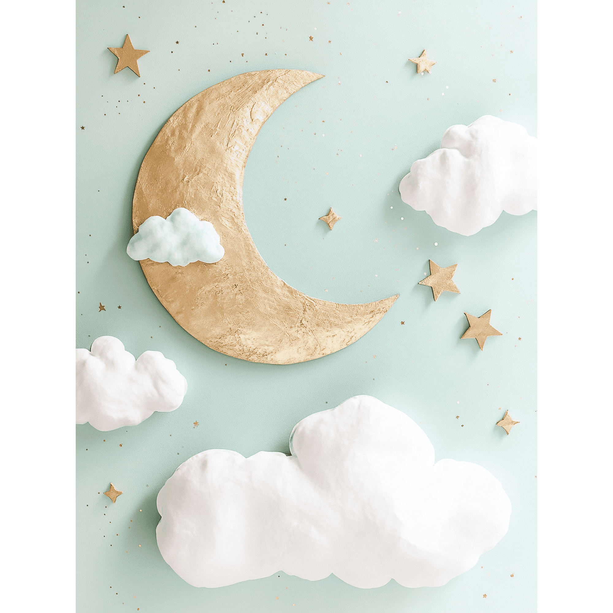 Gold Moon and Clouds Wall Art/Canvas Print， Suitable for Bedroom Decoration， Living Room Decor， Nursery Decor， Kids Room Decor， and Gallery Wall Decor
