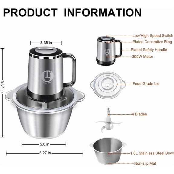 TOMBOT Electric Meat Grinder Food Processor Chopper with Safety Handle, 1.8L Stainless Steel Bowl, 2 Speeds
