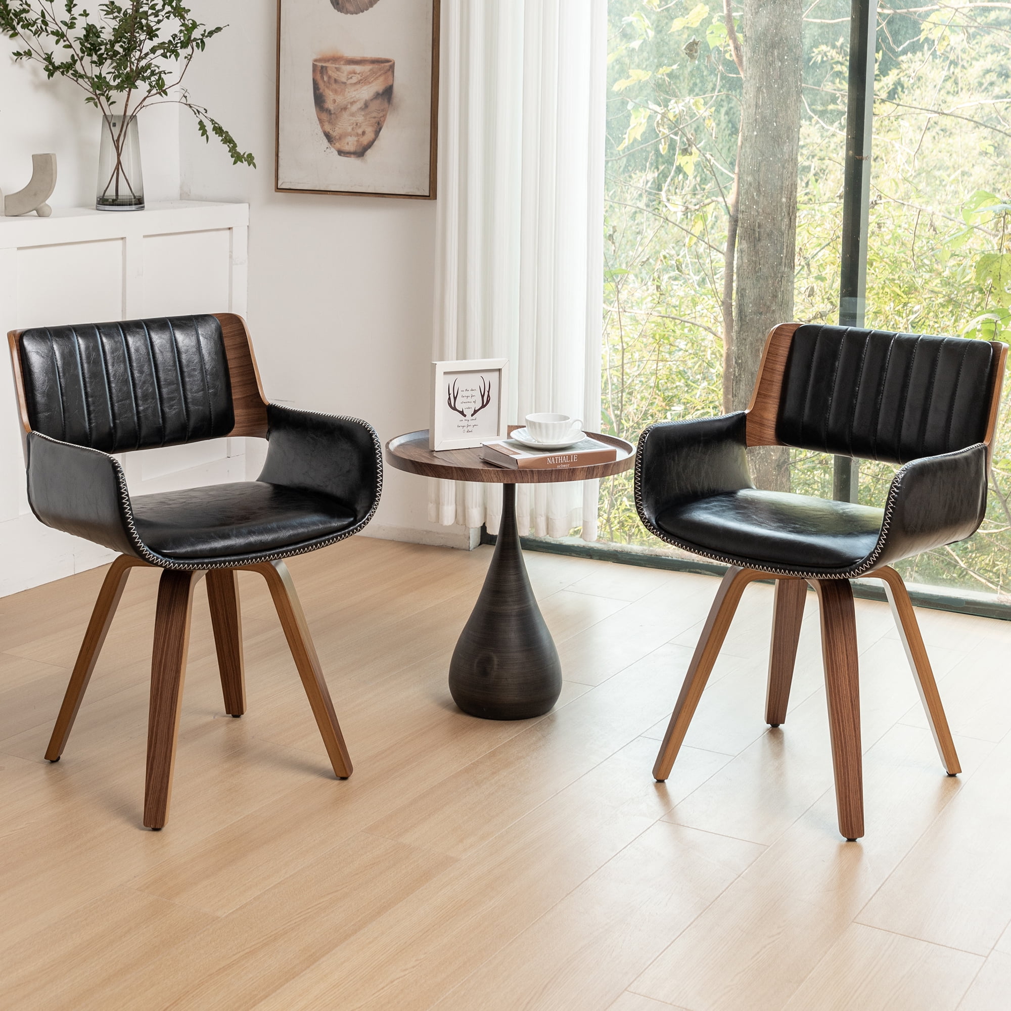FOWEOAIU Modern Dining Chairs,Leather Upholstered Walnut Wood With rotation Kitchen Dining Chairs , Black (Set of 2)