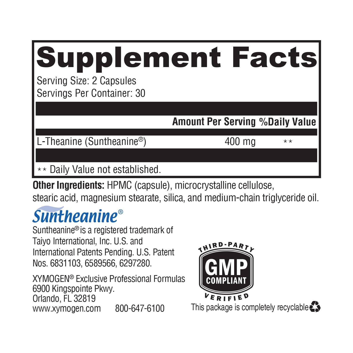 XYMOGEN L-Theanine - 400 mg as Suntheanine - Relaxation, Focus & Stress Support - Amino Acid Supplement - Non-Drowsy - Vegetarian, Non-GMO & Gluten Free - 60 Capsules