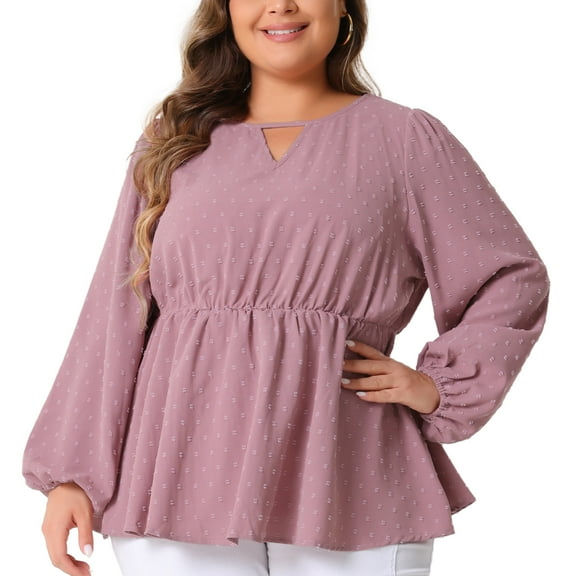 DARING DIVA Women's Plus Textured Keyhole Cut Out Long Sleeve Blouse 1X Pink