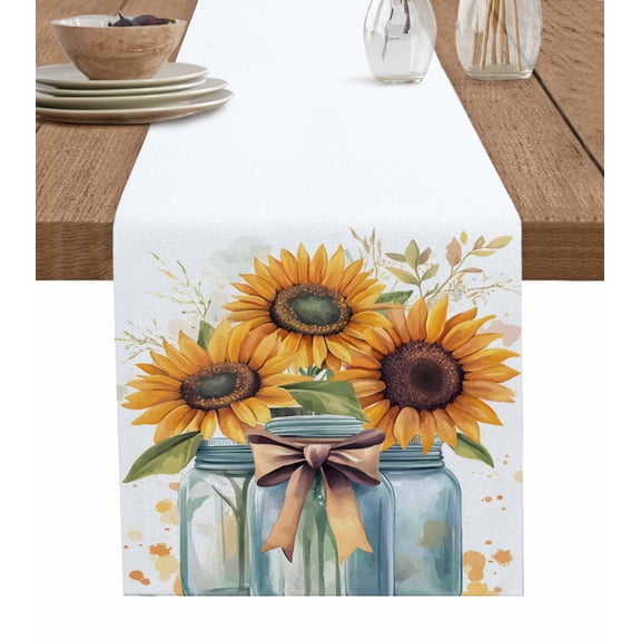Summer Sunflowers Table Runner 70 Inches, Spring Watercolor Floral Leaf Bow Vase Bed Runner Dresser Scarves Tabletop for Indoor Outdoor Parties/Ceremony/Banquet, 13" x 70"