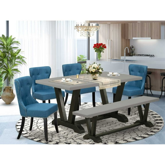 East West Furniture V696SI121-6 6-Pc Kitchen and Dining Room Set- 4 Kitchen Parson Chairs with Blue Linen Fabric Seat and Button Tufted Chair Back - Rectangular Top & Wooden Legs Wood Dining Table...