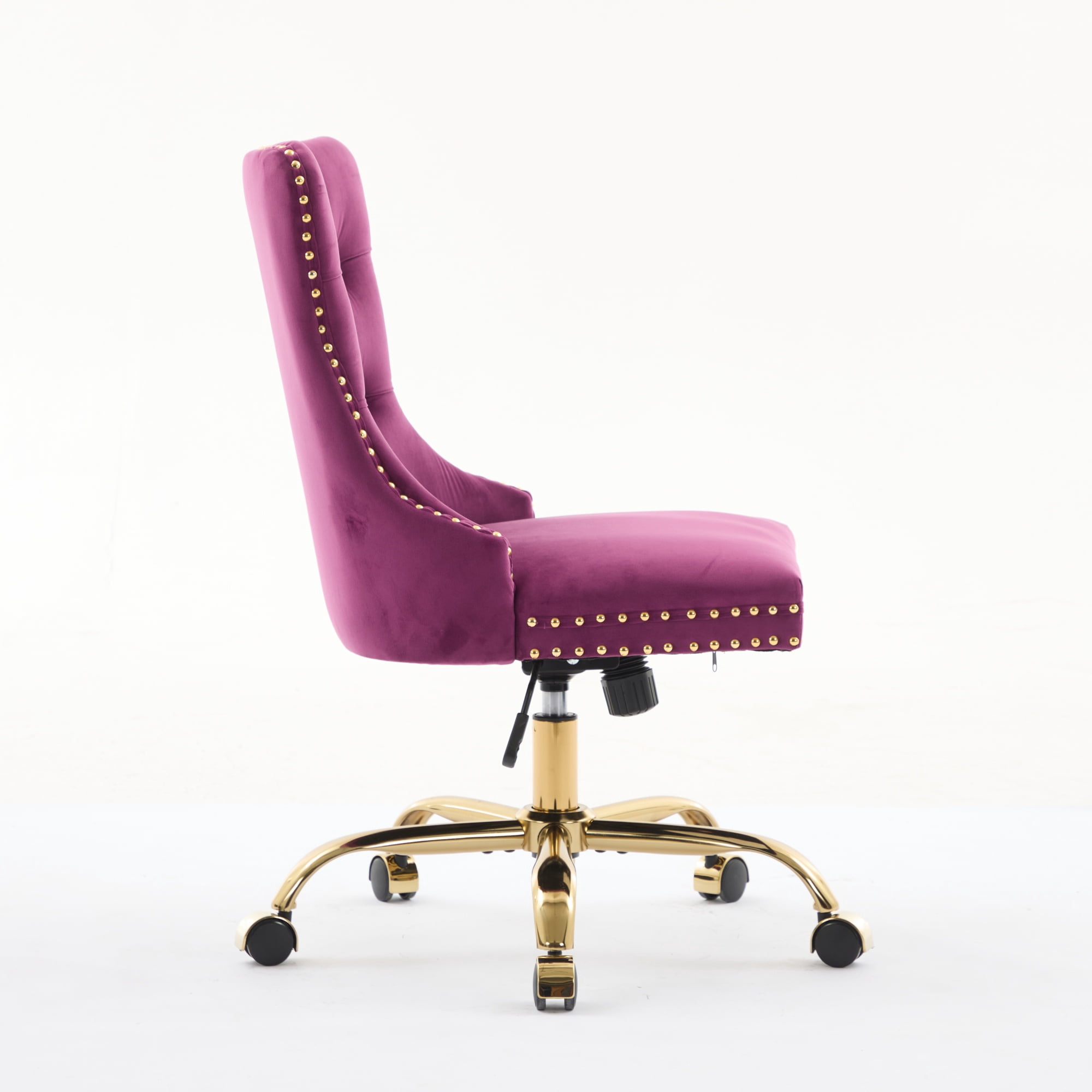 SESSLIFE Swivel Vanity Chair, Modern Office Chair with Wheels, Golden Metal Base, Velvet Upholstered Tufted Button Home Office Chair with Adjustable Height, Ergonomic Home Desk Chair, Purple