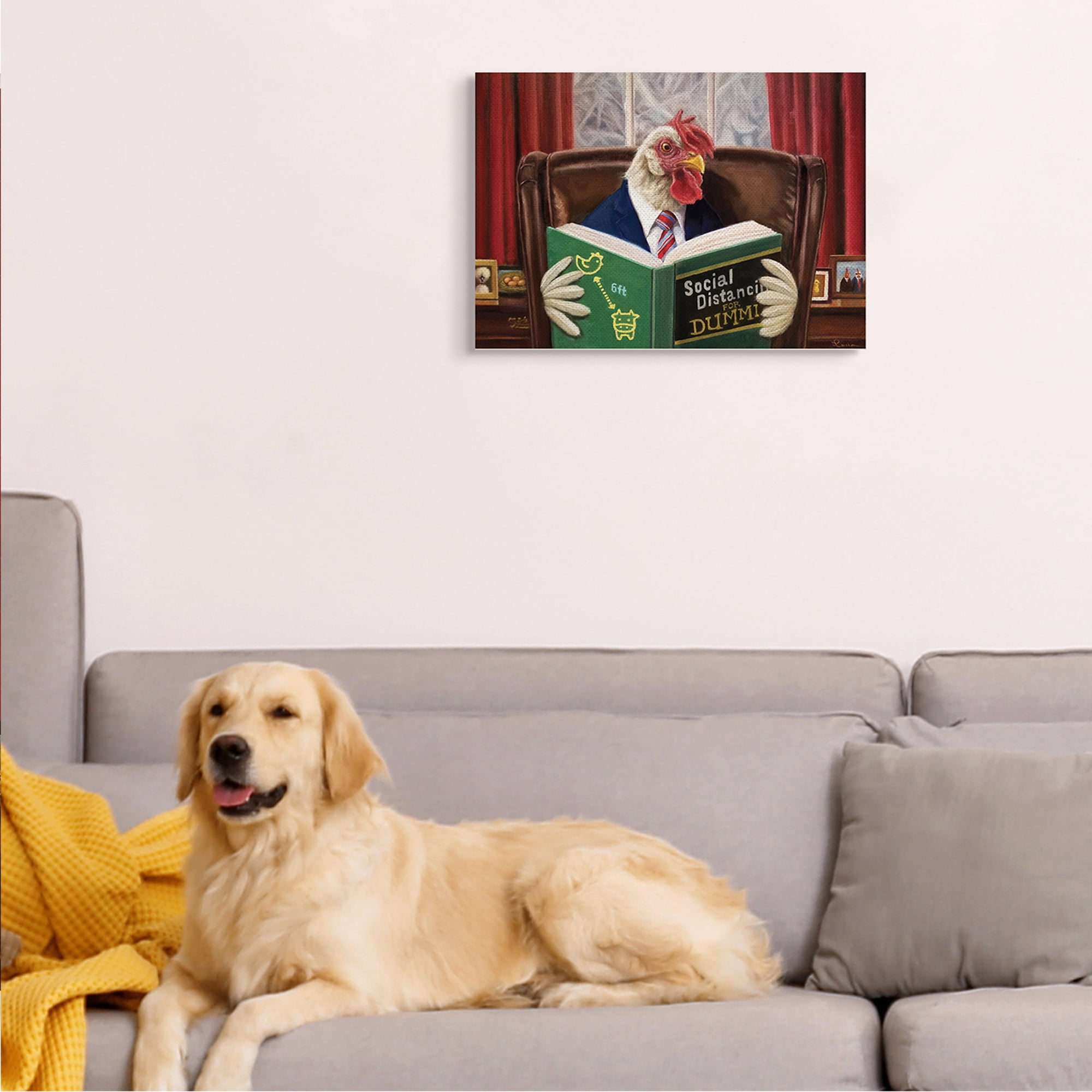 Lucia Heffernan Rooster Reading at Desk Social Distance Dummies 20 in x 16 in Painting Canvas Art Print, by Stupell Home Décor