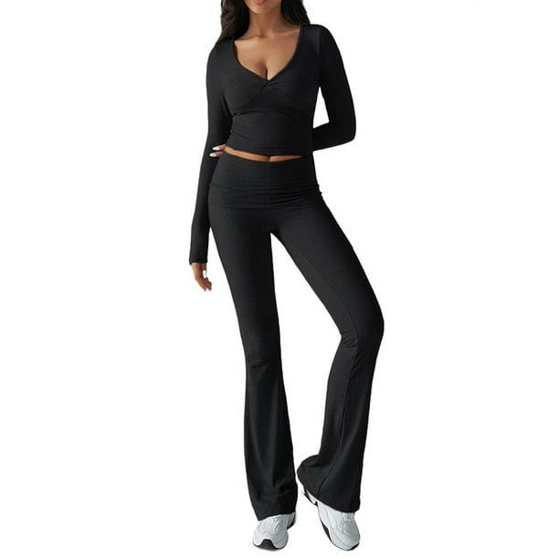 Conjunto Deportivo de 2 Piezas para Mujer, Camiseta de Larga, Pantalones Acampanados, Chándal Informal, Negro, Talla XS