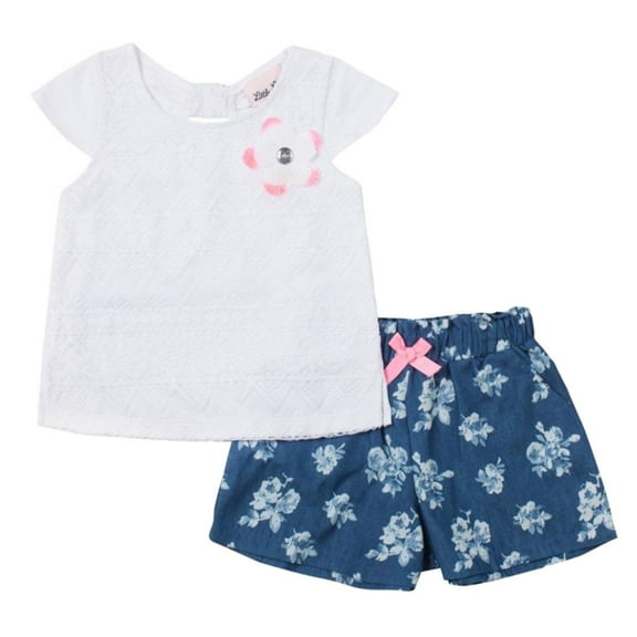 Little Lass Infant Toddler Girls 2 PC Set White Lacy Shirt Chambray Shorts