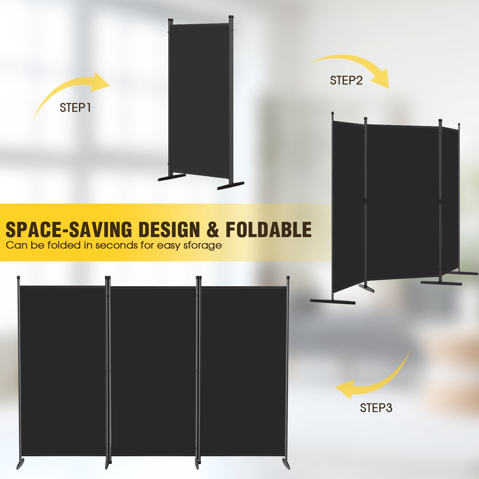 70''W x 102''H Modern Room Divider, Folding Privacy Screen with 3 Panels and Metal Standing, Portable Wall Partition for Home Office Separator, Black