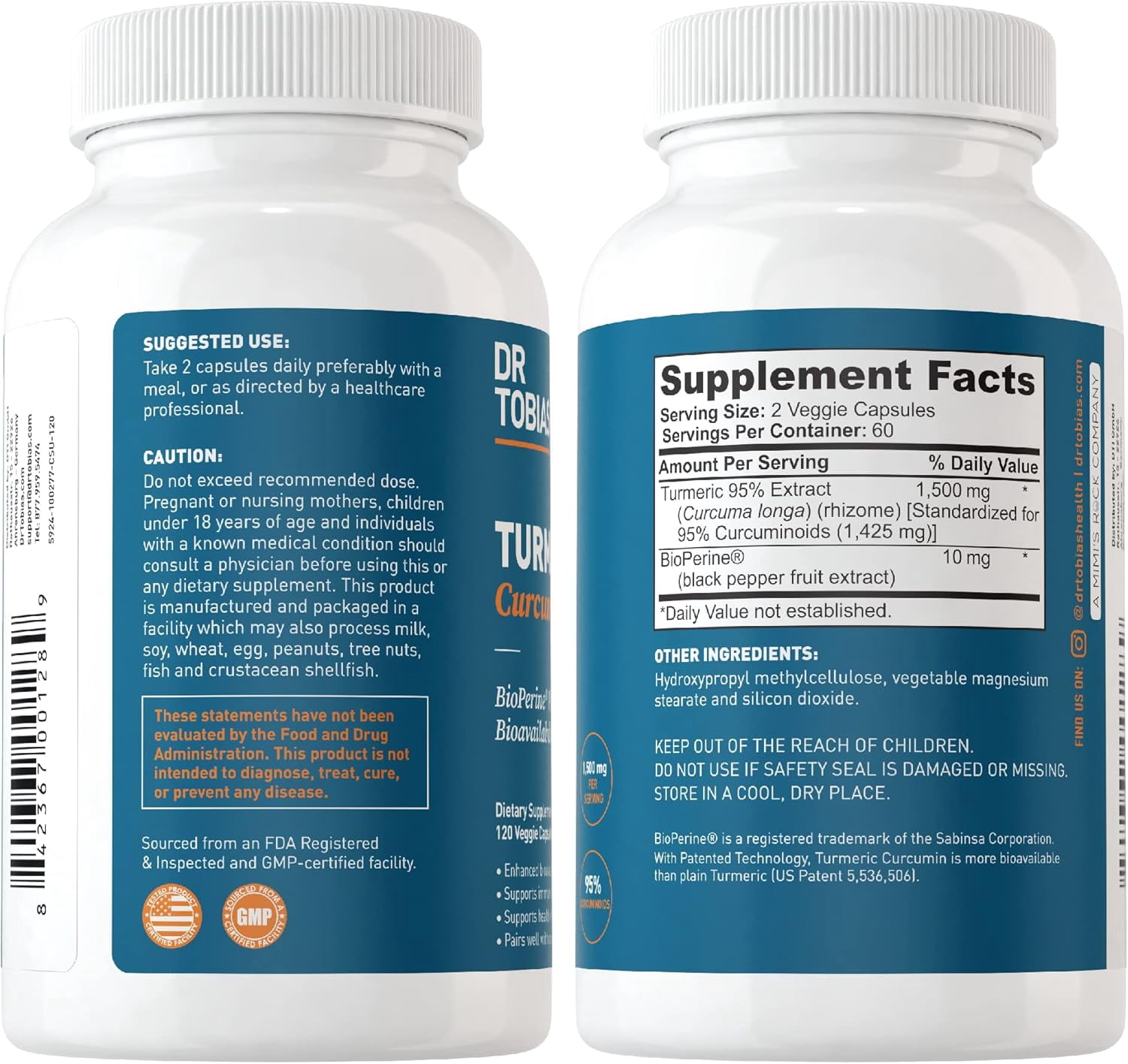 Dr. Tobias Turmeric Curcumin 1500mg with BioPerine – Extra Strength Supplement with 95% Curcuminoids for Joint Support, Overall Vitality & Immune Health, 120 Vegan Capsules, Non-GMO