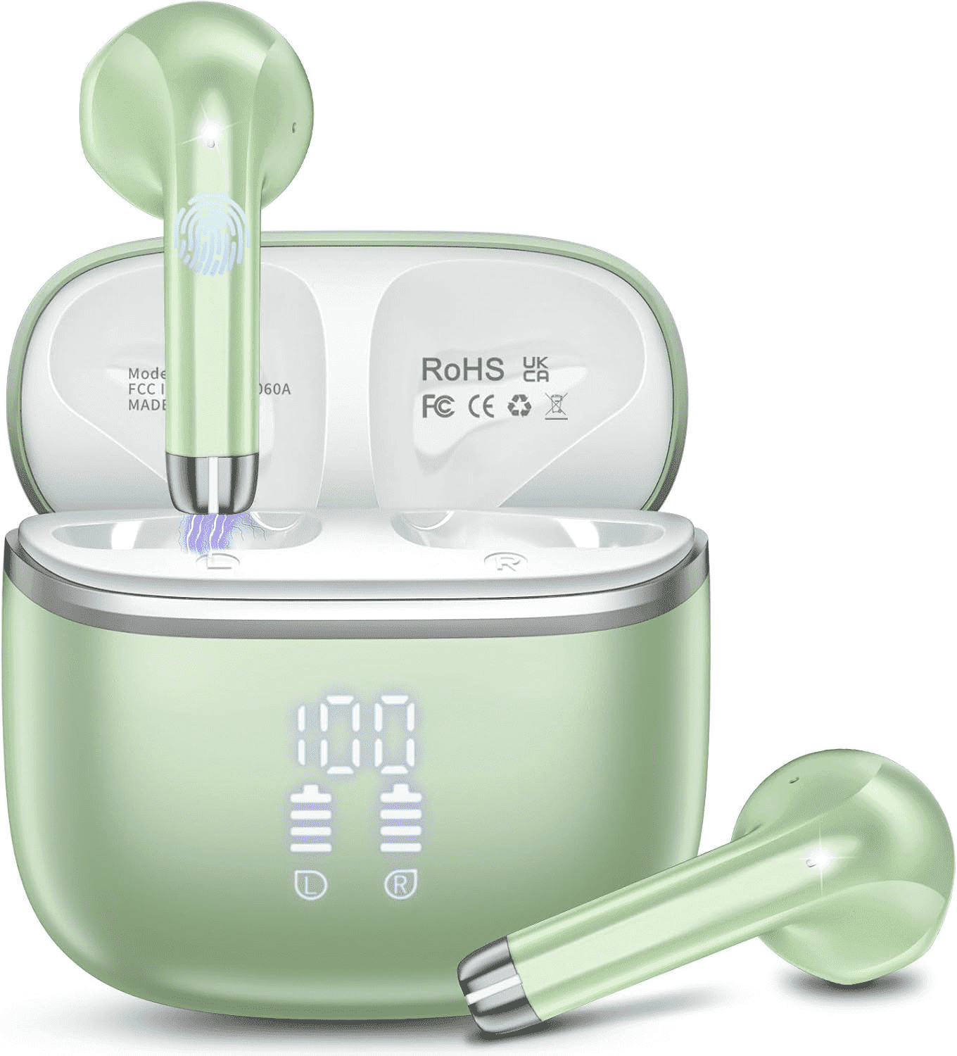 Wireless Bluetooth Earbuds Noise Cancelling in Ear Buds Deep Bass Stereo, 50H Playtime with Mics, LED Display, IPX7 Waterproof Earphones for iphone Android Laptop, Green