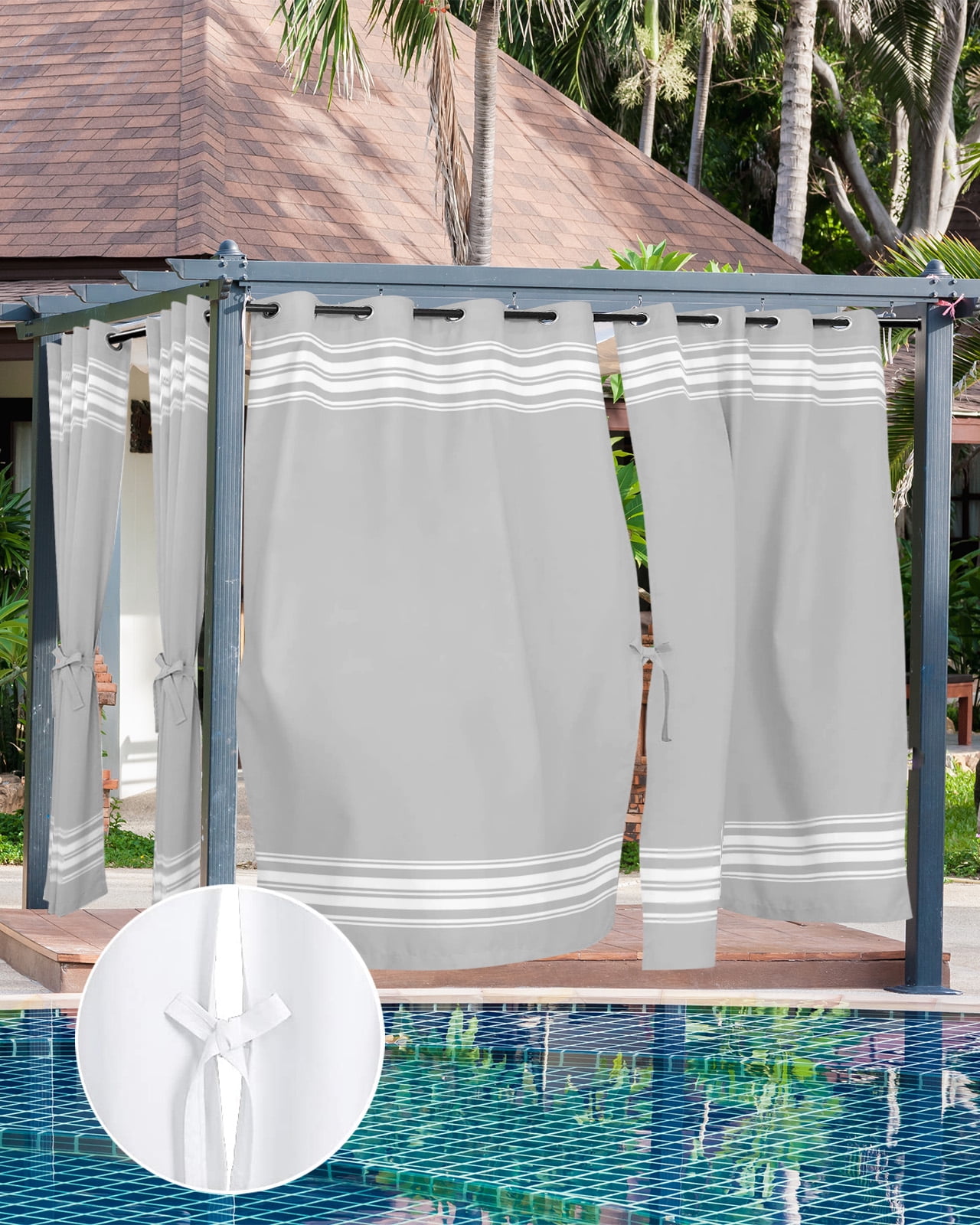 Outdoor Curtains for Patio, Grey Striped Waterproof Blackout Outside Curtain for Porch/Pergola/Gazebo, Luxurious White Stripes Modern Abstract Art Thermal Insulated Drapes, 2 Panels, 54 x 84 Inch