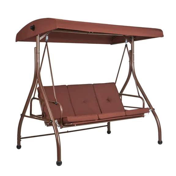 3-Seat Patio Swing Chair, Converting Canopy Swing, Outdoor Patio Porch with Adjustable Canopy, Removable Thick Cushion and Alloy Steel Frame, for Balcony, Backyard, Poolside, Brown