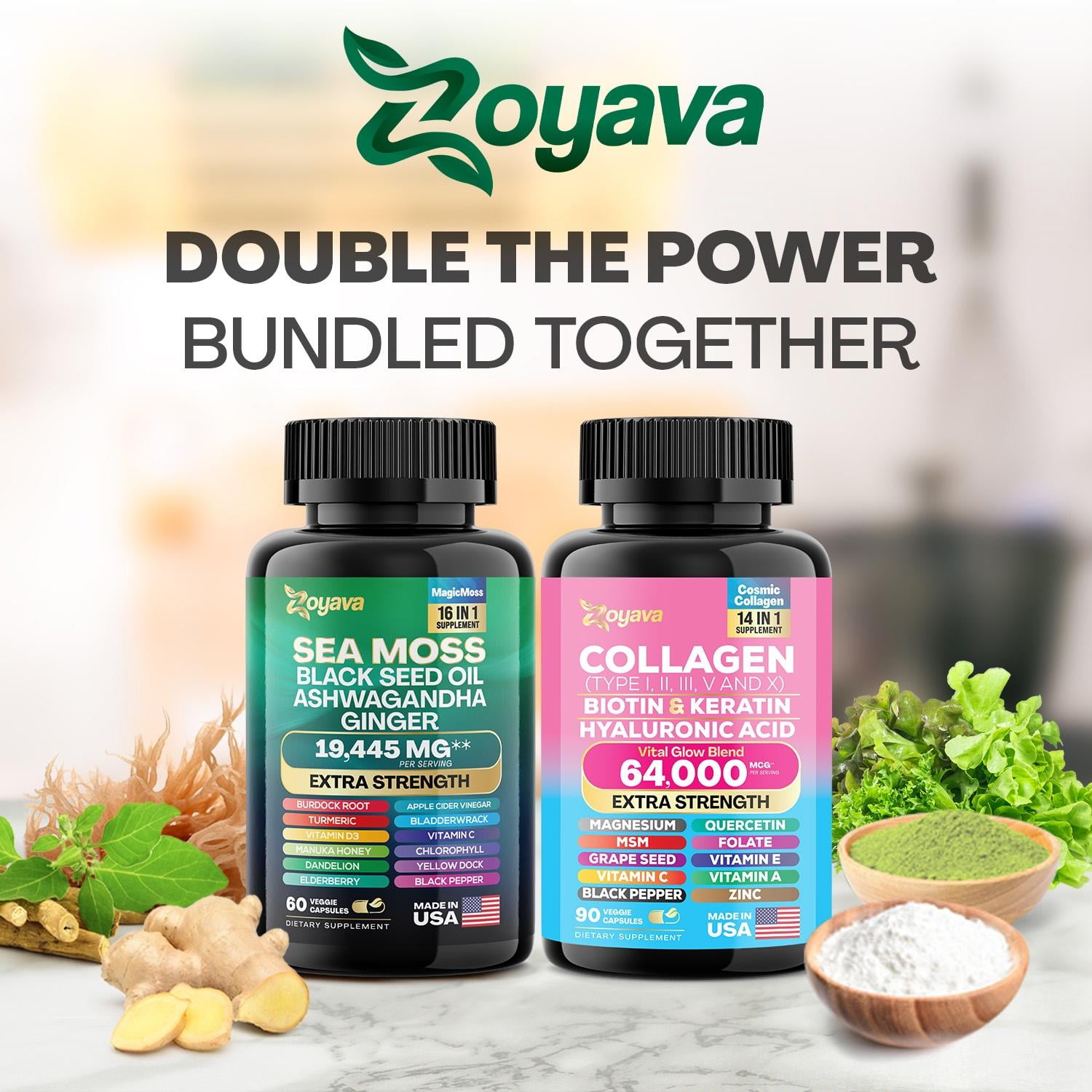 Zoyava Radiant Wellness Bundle -Sea Moss, Black Seed Oil, Ashwagandha, Ginger, Burdock Root & Collagen Types I II III V X, Biotin, Keratin, Hyaluronic Acid, 28 Ingredients
