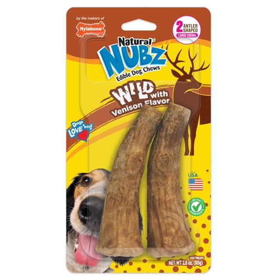 Nylabone Nubz Wild Antler Dog Treats for Large Dogs, Venison Flavor Dog Bones, Large - 30  lbs., 2 Count