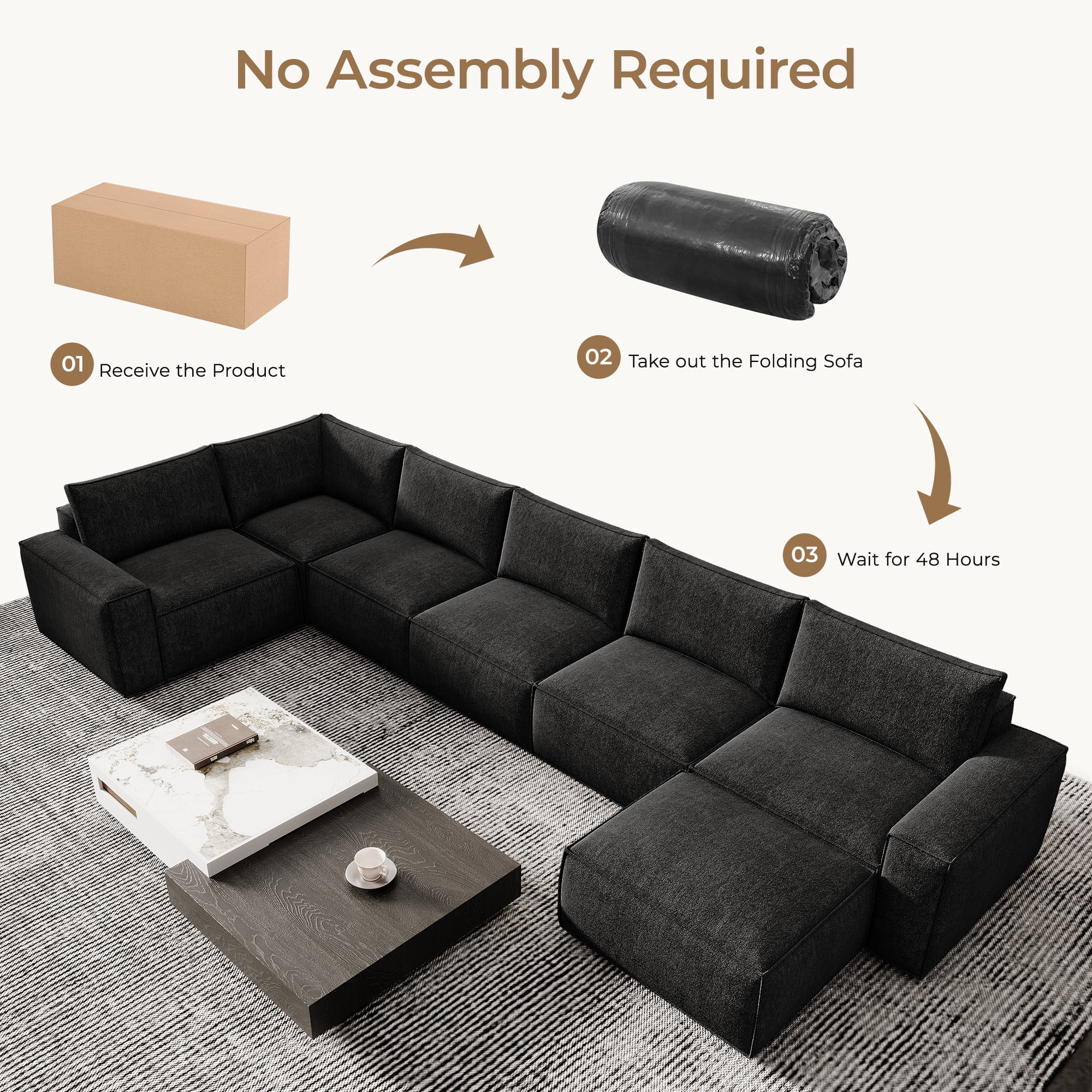 175" Oversized Boneless Couch for Living Room, Neche Modern Modular Sectional, Convertible, U Shaped, Deep Seat, Big Comfy Sofa Set with Ottoman,Black