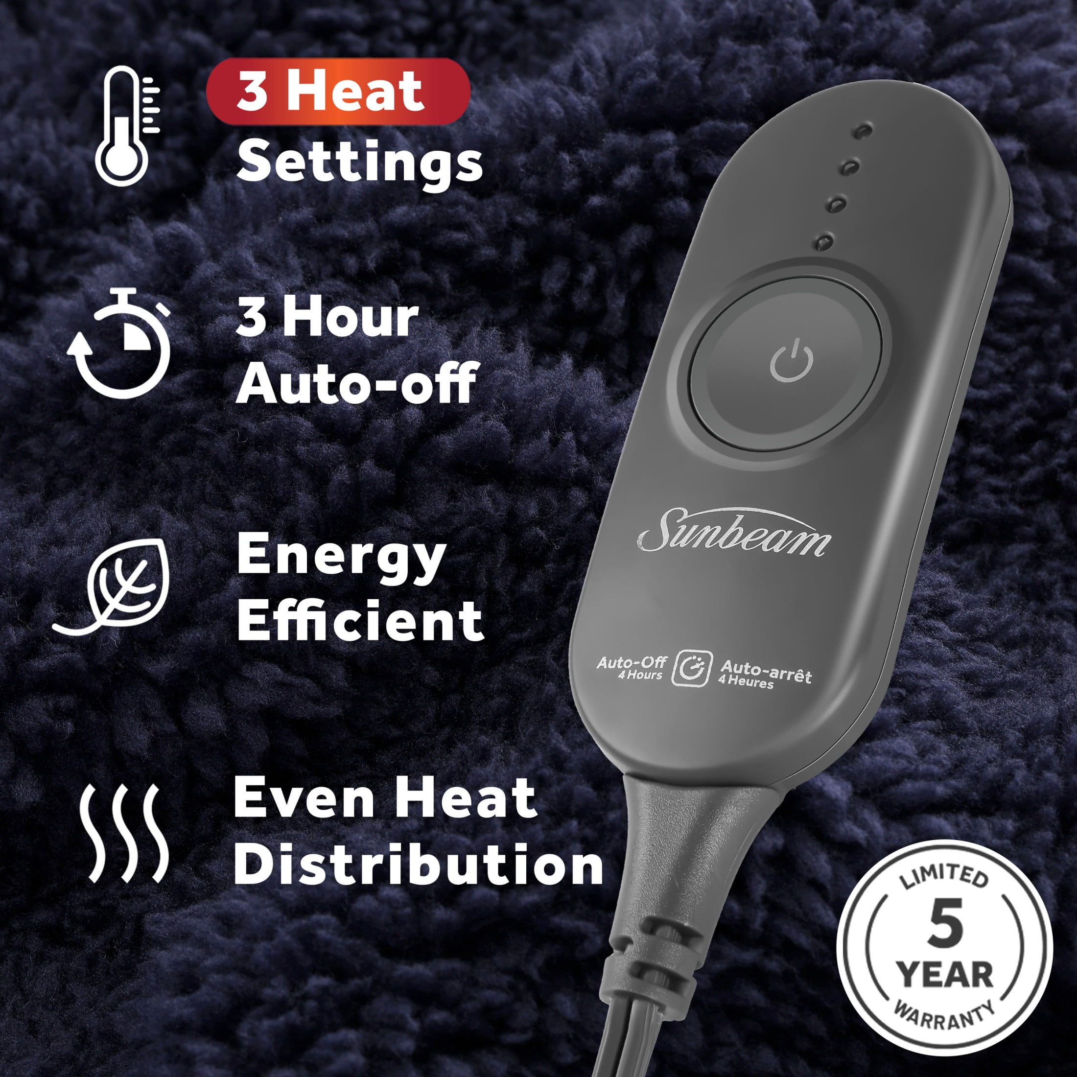 Sunbeam LoftTec Heated Throw Blanket Foot Pocket 3 Heat Settings 3-Hour Auto Off 50"x60"