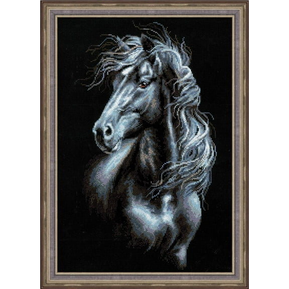 Riolis Horse Breeze Through Mane Cross Stitch Kit 11.75x17.75 on Black Aida