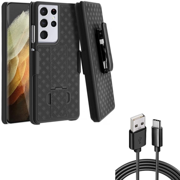 Case Belt Clip w 6ft USB-C Cable for Samsung Galaxy S21 Ultra - Holster Swivel Cover, Type-C Charger Cord Power