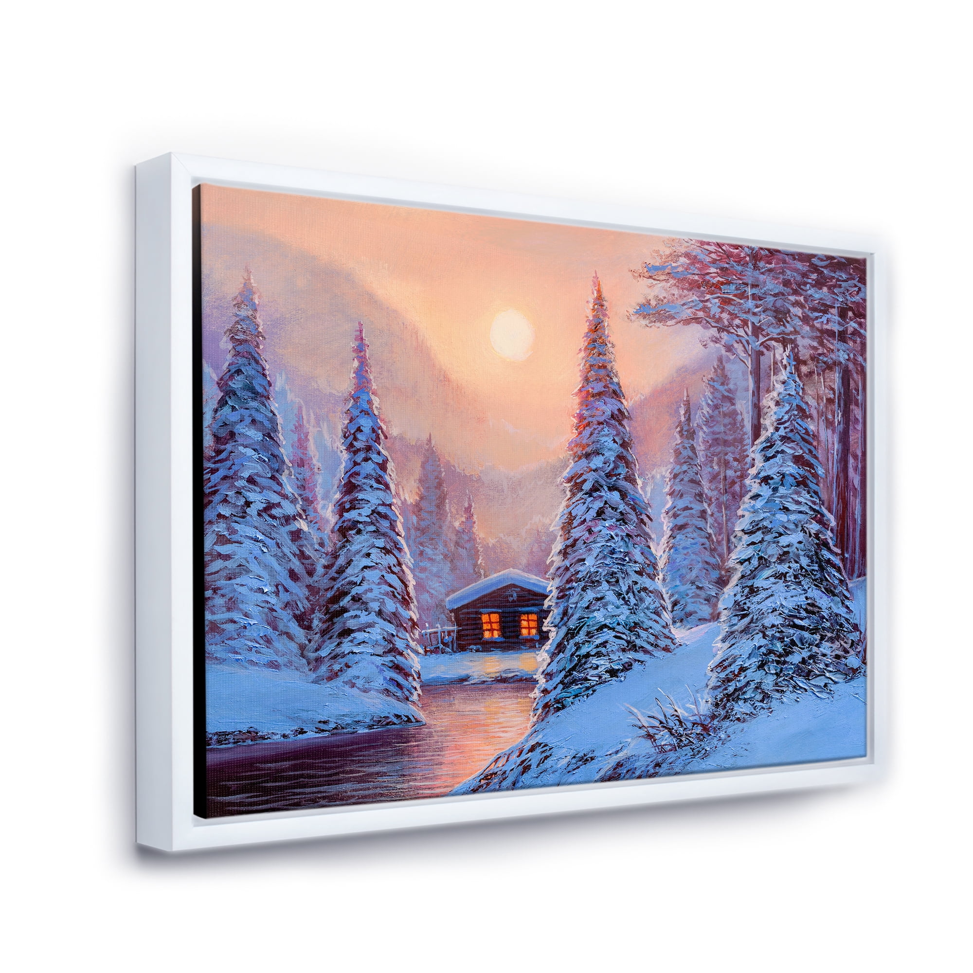 Designart 'The River House In The Woods and Winter Landscape I' Lake House Framed Canvas Wall Art Print