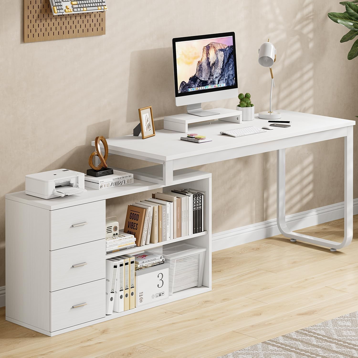 DreamCurship 55 Inch White Reversible L Shaped Desk with 3 Storage Drawers, Computer Desk with Shelves and Monitor Stand, Corner Desk for Small Spaces, White