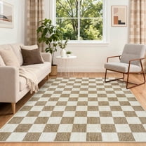 RUG ROBOT 6'x9' Area Rugs for Living Room, Washable Non-Slip Checkered Rugs for Bedroom, Dining Room, Soft Low-Pile Classic Farmhouse Geometric Indoor Large Accent Carpet, Brown