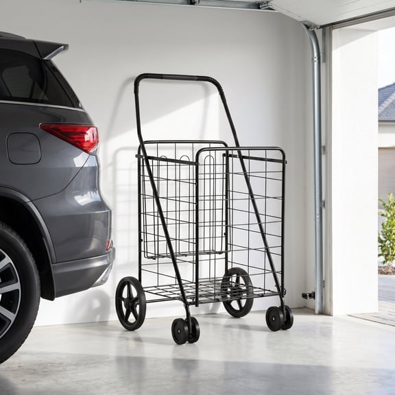 Kadyn Shopping Carts,Shopping Trolley, Grocery Utility Cart,Folding Shopping Cart for Laundry with Swiveling Wheels and Dual Storage Baskets-Black