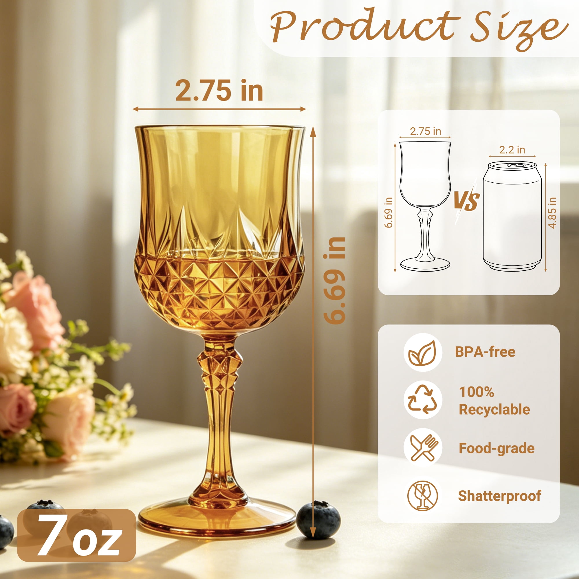 ZHURUININ Reusable Plastic Wine Glasses，Amber，7oz，48Pack