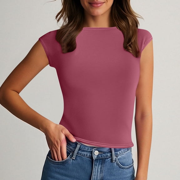 Chbgutlmr Going out Tops for Women Short Sleeve Crew Neck Backless Crop Tee Tops Casual Summer Slim Fitted Cute T-Shirts