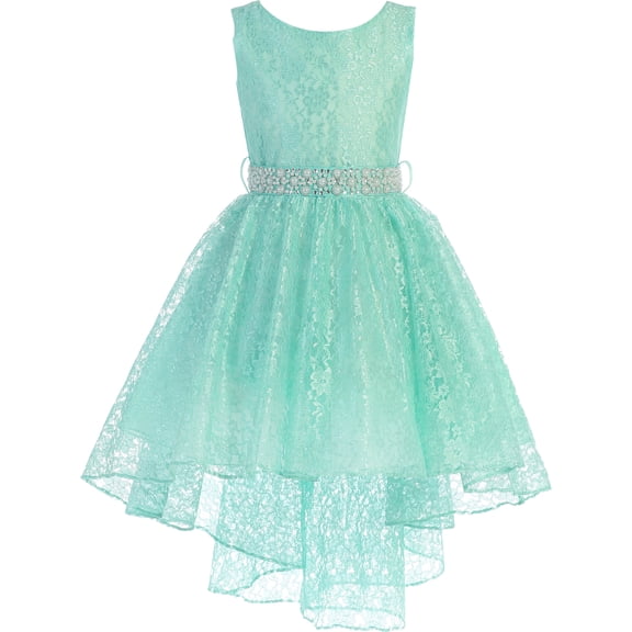 Little Girl High Low Floral Lace Rhinestones Pearl Belt Easter Pageant Flower Girl Dress Mint 2 JK3744 BNY Corner