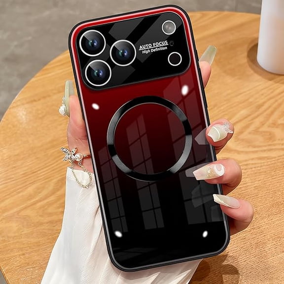 Compatible with iPhone 17 Pro Max Magnetic Case, with Full Camera Lens Protector [Compatible with MagSafe] Scratch Resistant Gradient Glass Back Cover Phone Case-Red