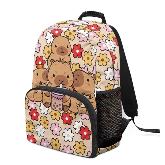 HUIACONG Cute Capybara Flower Print School Backpack for Ages 6-18 Large Capacity Lightweight Water Resistant Backpack for Girls Boys Back to School Elementary Middle High School Daily Use