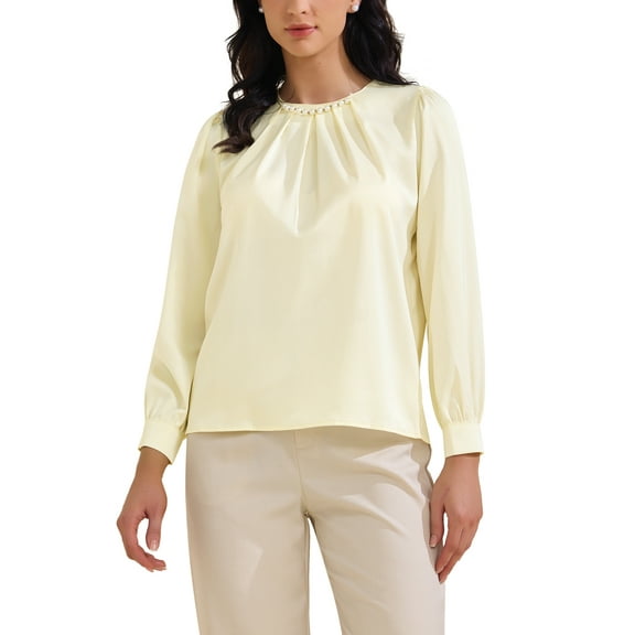 INSPIRE CHIC Women's Elegant Work Blouse Pearl Decor Ruched Crew Neck Dressy Office Shirt Top S Beige