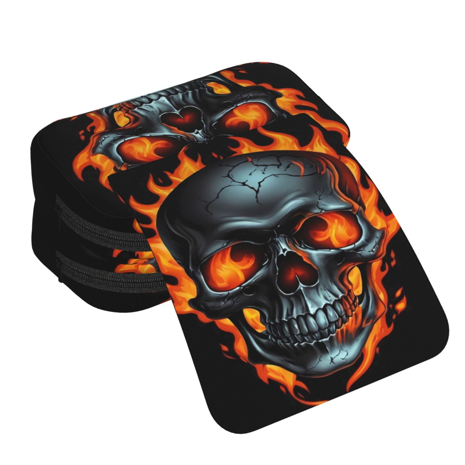 Rateoe Flame Metal Skull Pattern Double Clamshell Pen Case, Storage Organizer with Two Zipper Compartments– Holds Up to 50 Pencils & Pens