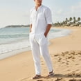 thumbnail image 2 of Vhkiploz 2Pcs Plus Size Linen Outfit Sets for Men's Crew Neck 3/4 Sleeve Button Down T-Shirt with Straighte Leg Pants Solid Everyday Homewears Summer Beachwears, 2 of 8