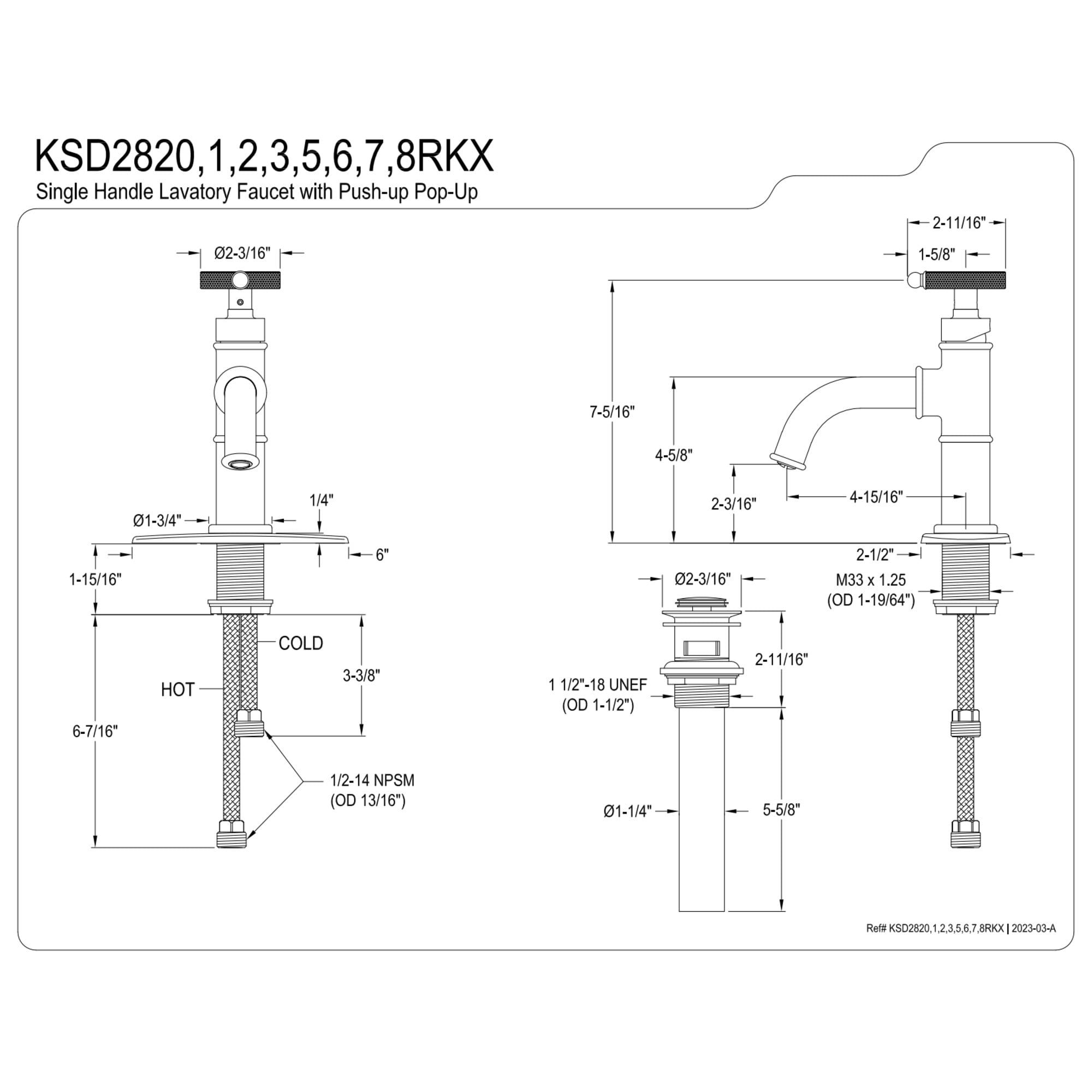 Kingston Brass KSD2825RKX Webb One-Handle Single-Hole Bathroom Faucet with Knurled Handle, Deck Plate, and Push Pop-Up Drain, Oil Rubbed Bronze