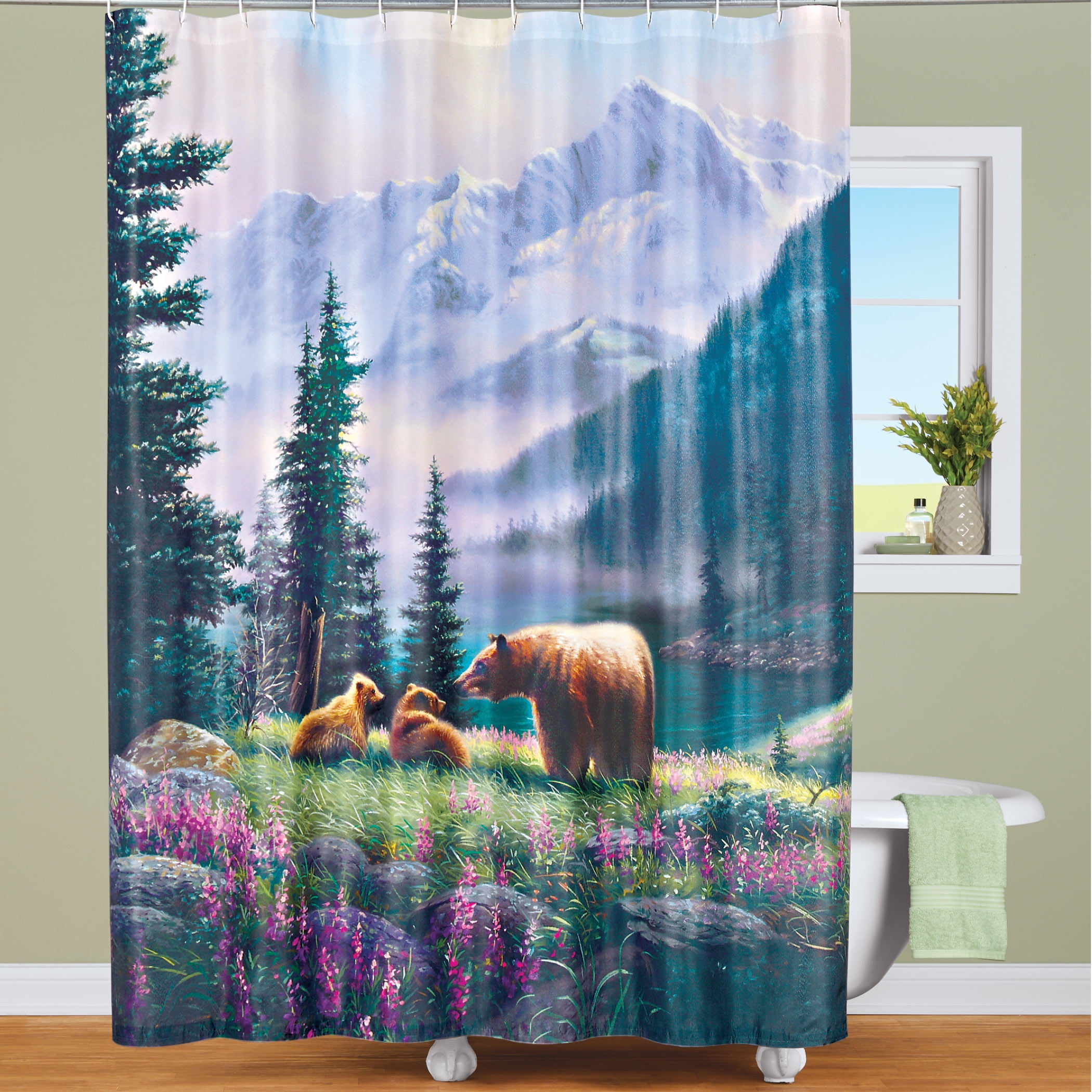 Bear Family Mountain Scene Shower Curtain with Pine Trees Woodland