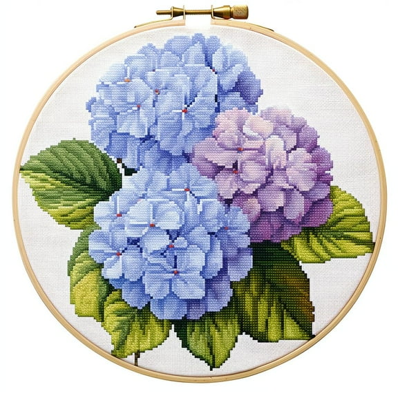 Purple and Blue Hydrangea Flower Stamped Cross Stitch Kits for Beginners Easy with Hoop 11CT Needlepoint Embroidery DIY Counted Cross Stitch Kits Art Craft Wall Decoration 35x35cm(1)