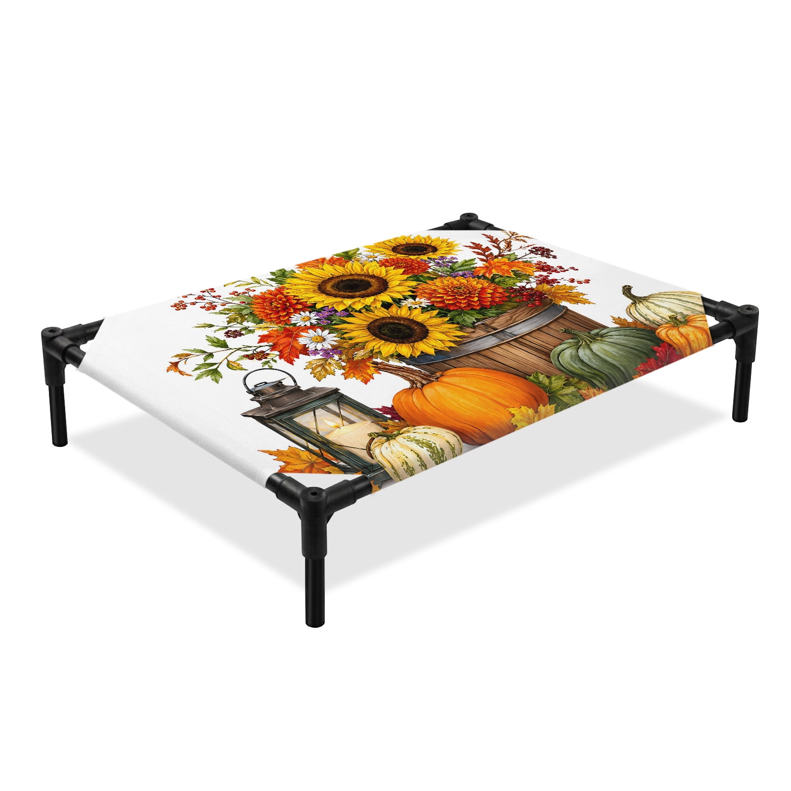Thanksgiving Elevated Dog Bed Fall Farmhouse Harvest Pumpkin Sunflower Maple Leaf Cooling Breathable Outdoor Raised Dog Cot Bed with Metal Frame Non-Slip Feet for Large Dog 28x22in