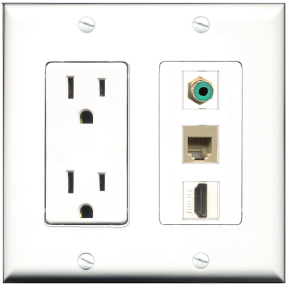 Ultra Spec Cables 15 Amp Power Outlet 1 Port HDMI 1 Port RCA Red 1 Port Phone RJ11 RJ12 Beige Wall Plate