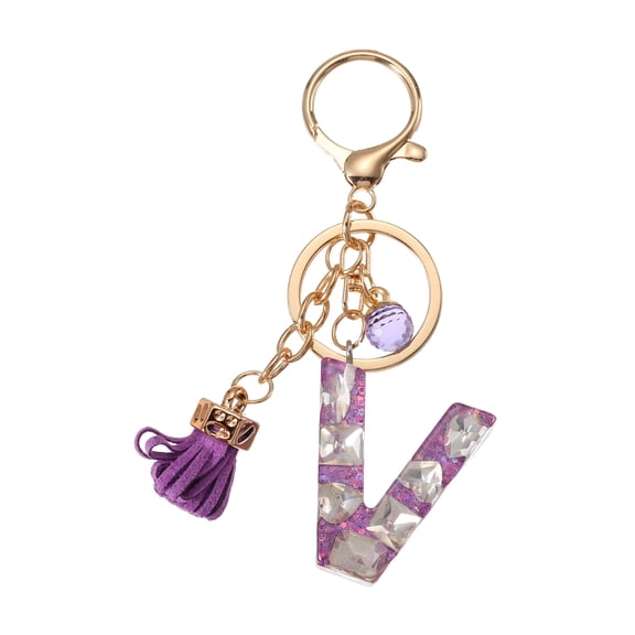 Initial Letter Keychain, Cute Alphabet Letter-V Charm with Tassel Ball, Purple