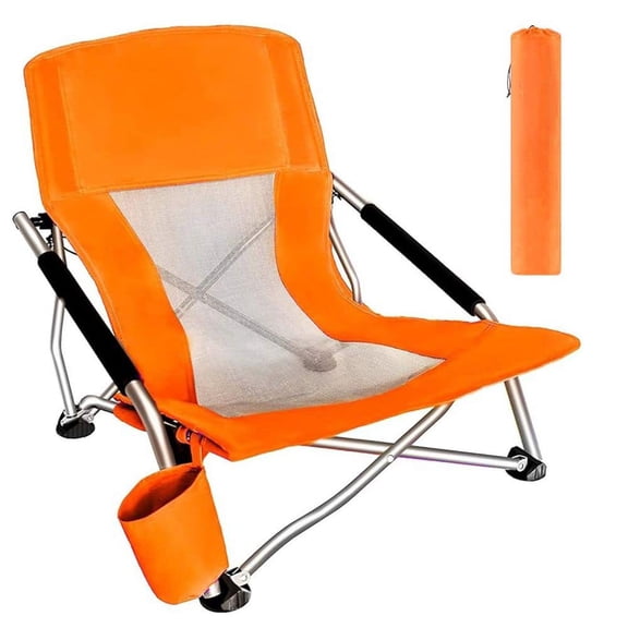 Beach Chair for Adults, Low Beach Camping, Folding Chair, Shoulder Strap, Cup Holder, Steel Frame 300 lbs. (Orange 1-Pk)