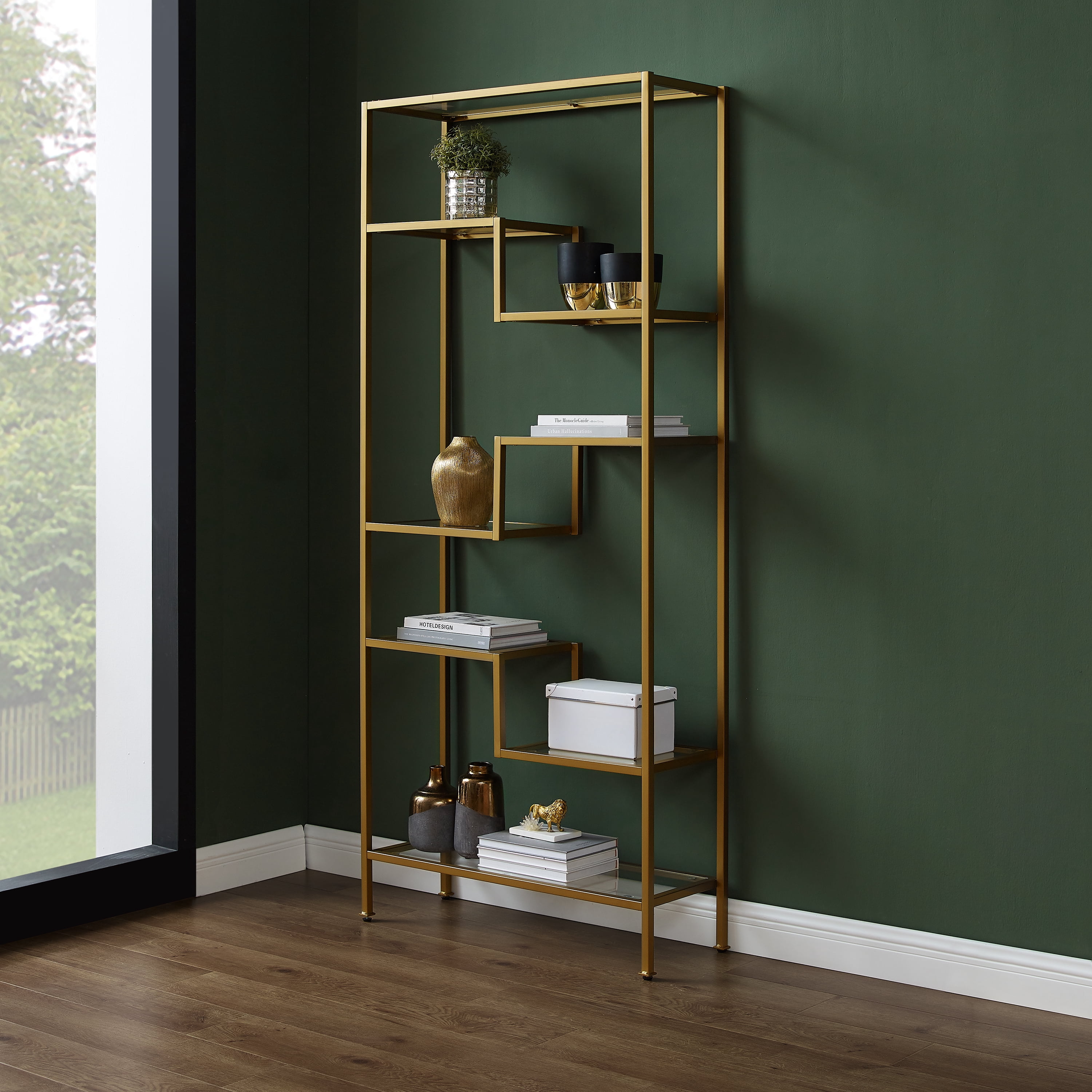 Crosley Furniture Sloane Art Deco Glass Metal Etagere in Gold