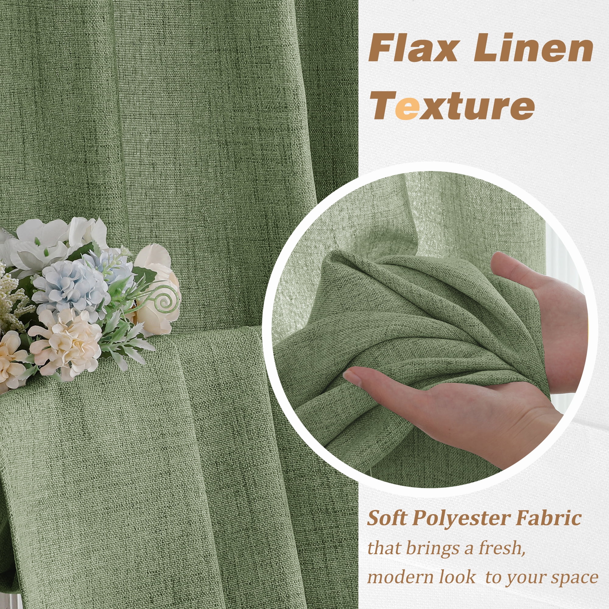 Patin Green Curtains 2 Panels 52 x 84 Inch, Vintage Faux Linen Textured Light Filtering Airy Farmhouse Curtains, Privacy Rod Pocket Bedroom Window Drapes for Living Room Sliding Door